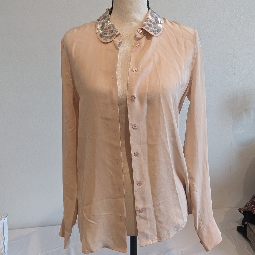 Equipment Femme Pink, Silver Sequin Collared Blouse
